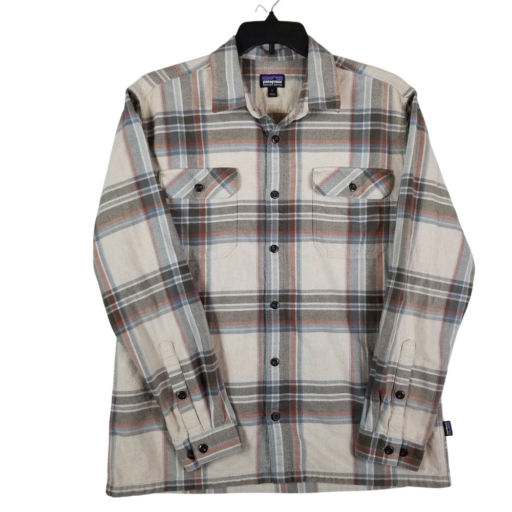 Patagonia Flannel‎ Shirt Mens Large Beige Plaid Organic Cotton Long Sleeve